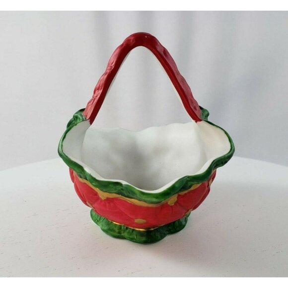 Vintage Porcelain Christmas Basket Red Green Gold - Picture 2 of 6